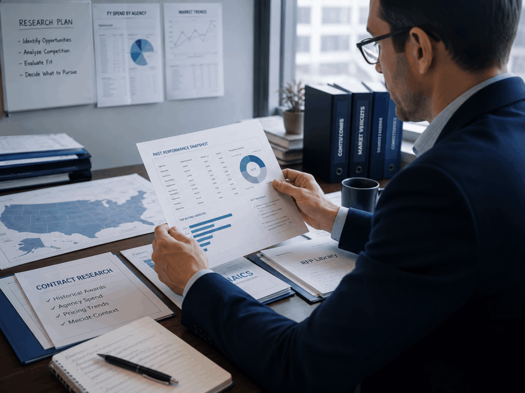 Government contractor reviewing award, pricing and market research data