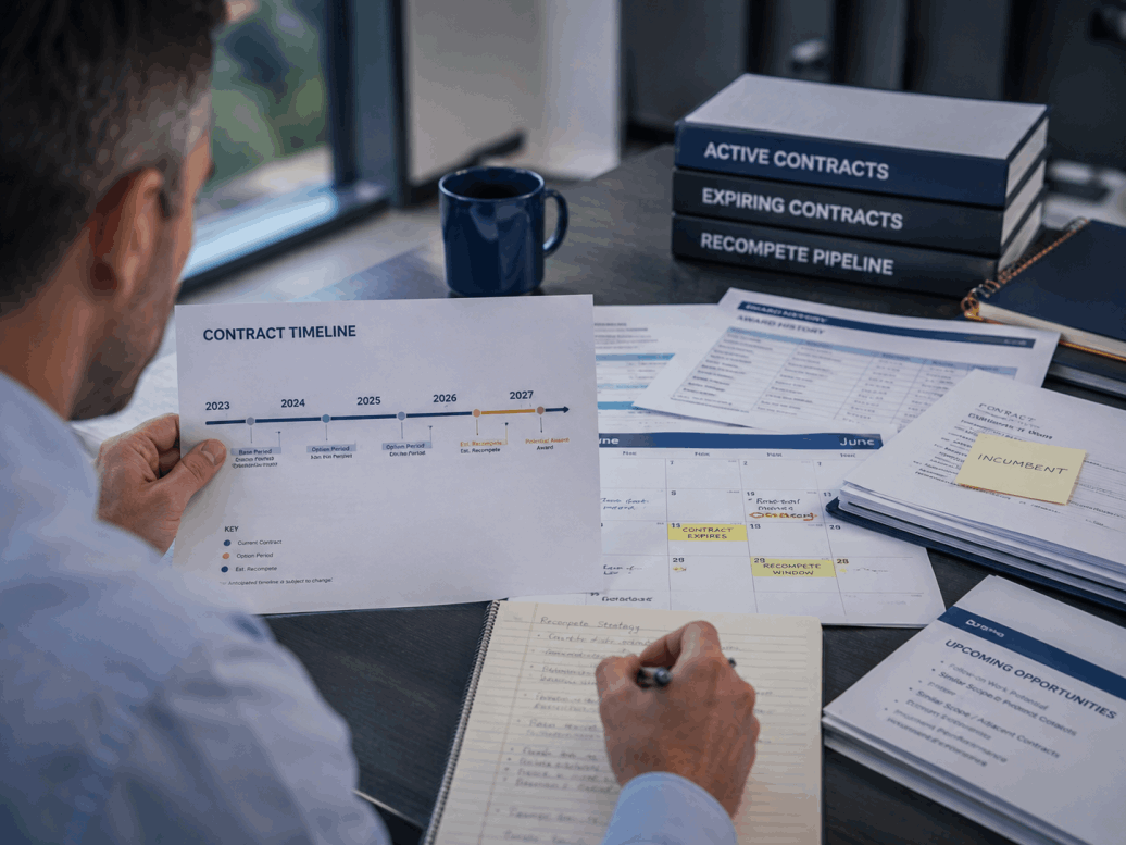 Contractor researching contract timelines and upcoming recompetes