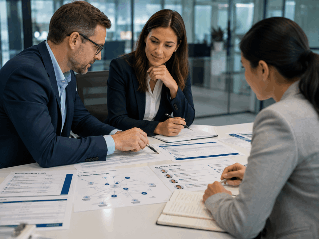 Business team reviewing prime contractor, teaming and buyer intelligence