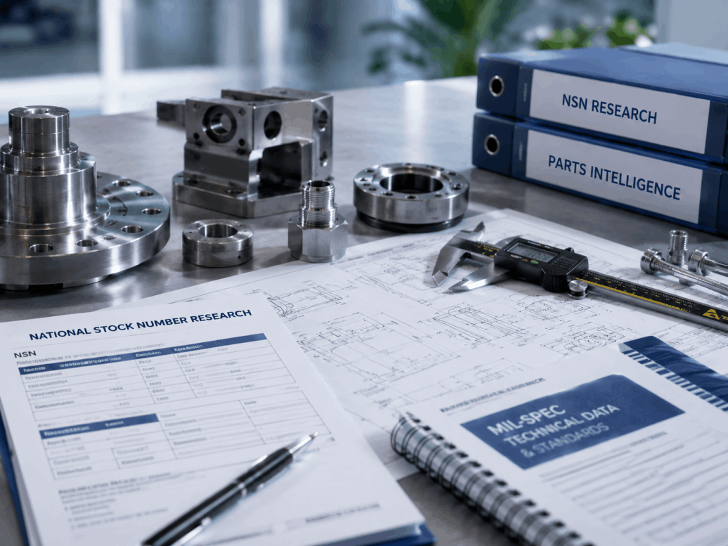 Machined parts and technical drawings representing NSN and MIL-SPEC research