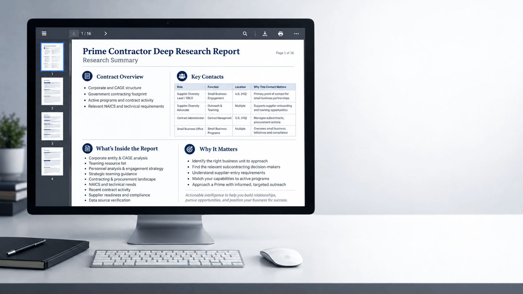 Sample Prime Contractor Deep Research Report showing contract overview, key contacts and teaming intelligence